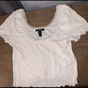 Forever 21 Cream Ribbed Crop Top w/ Lace Trim
